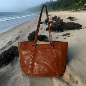 PATRICIA NASH Benvenuto Tote Leather Suede Heritage Tan Brass Accents Bohemian